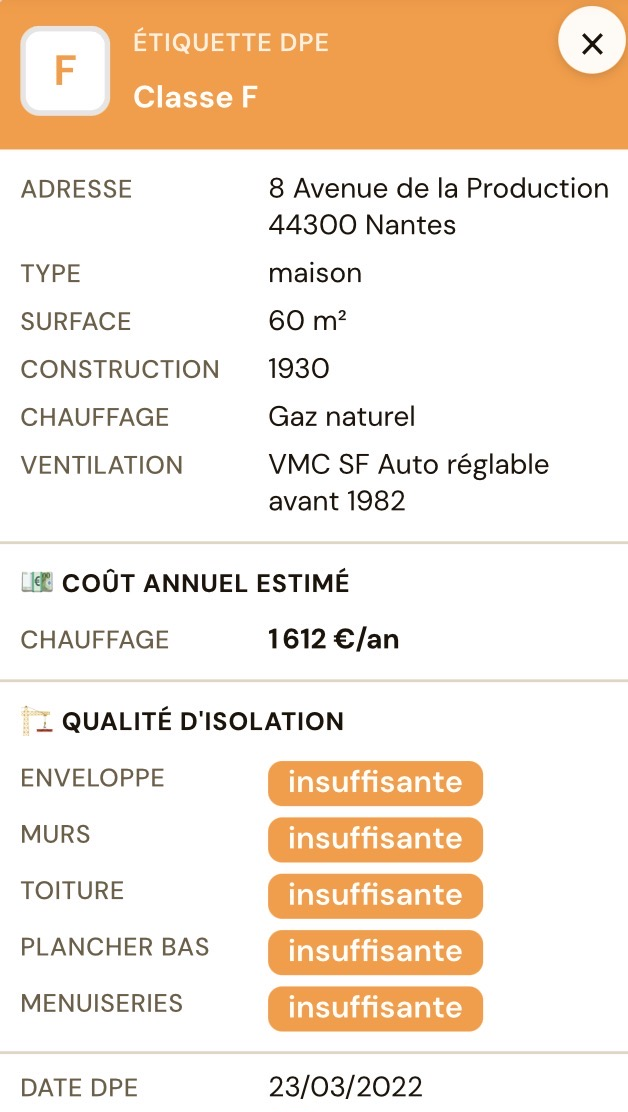 Porteo — détail d'une étiquette DPE (données ADEME)